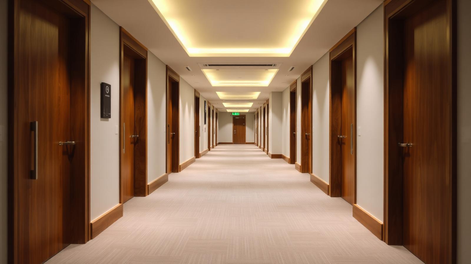 Modern commercial hotel corridor with timber doors.