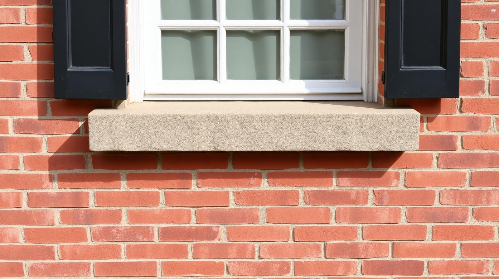 Restored stone window sill on a red brick wall.