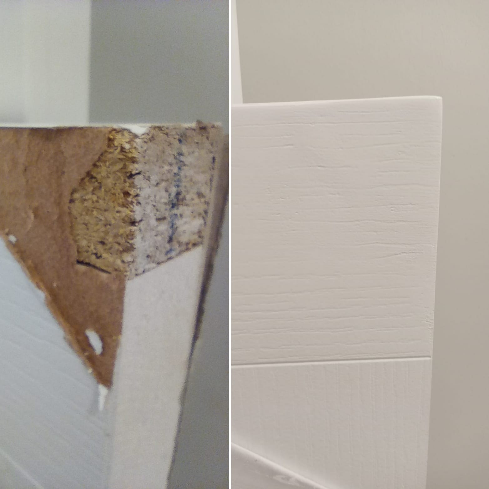 Before and after repair of a heavily damaged corner on a white wood-grain effect kitchen cabinet door.