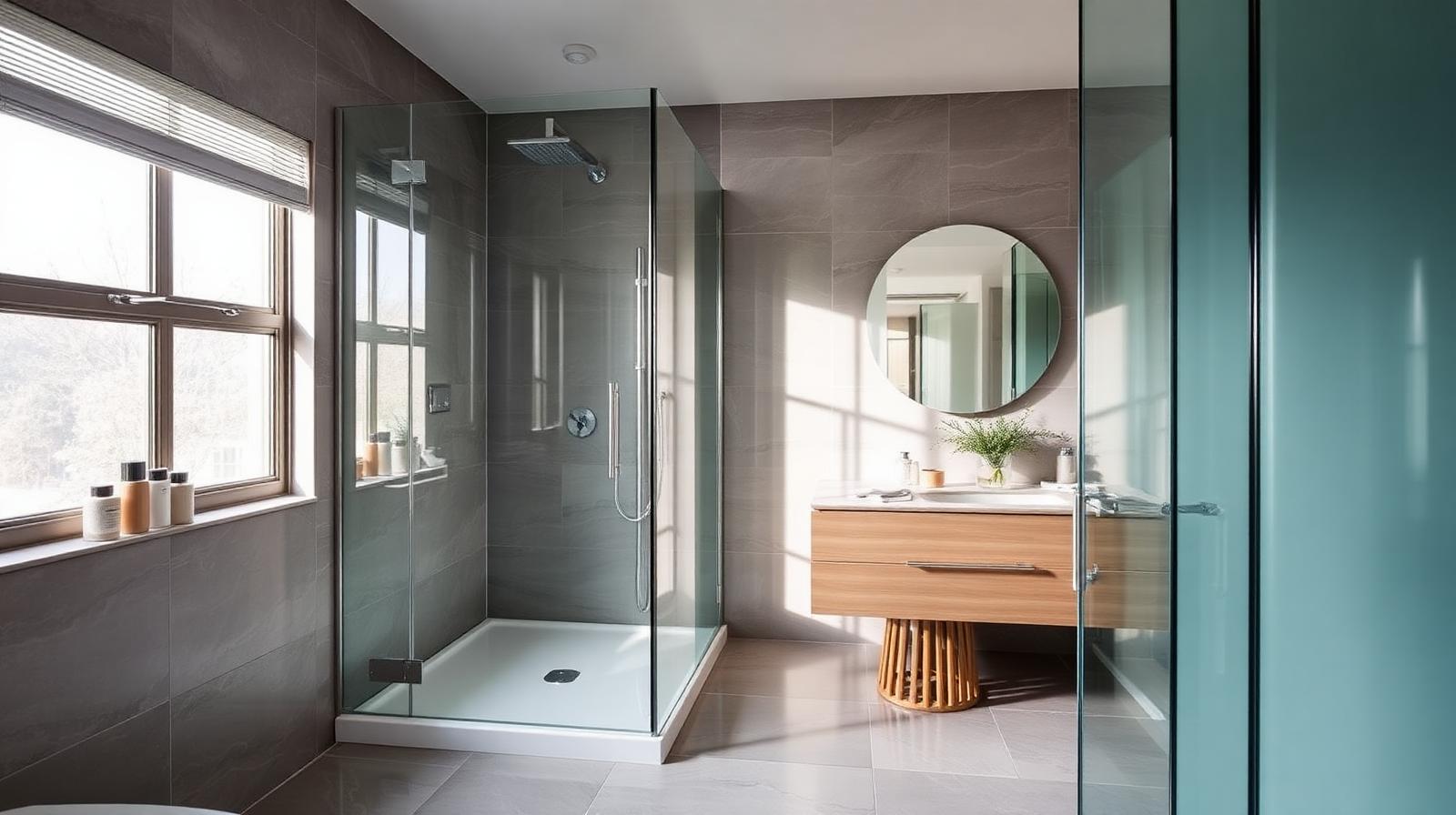 Modern walk-in wet room with rainfall shower and glass screen.