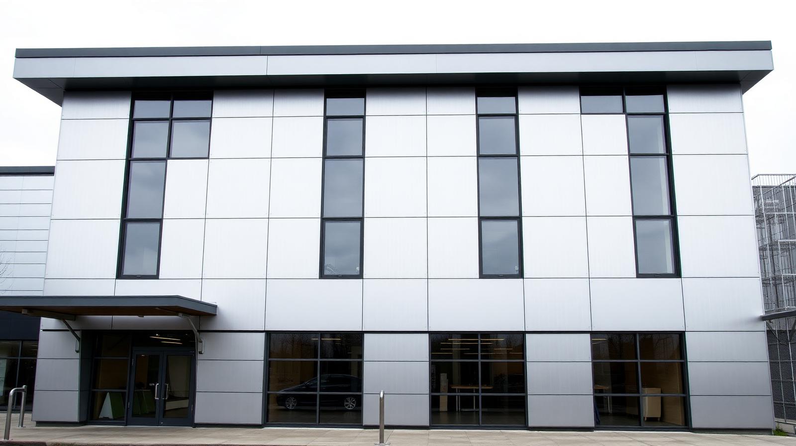 Modern commercial building exterior with sleek metal cladding panels.