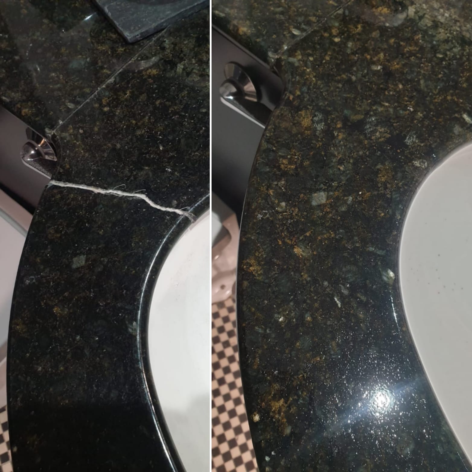 Before and after repair of a structural crack in a dark granite bathroom vanity worktop.