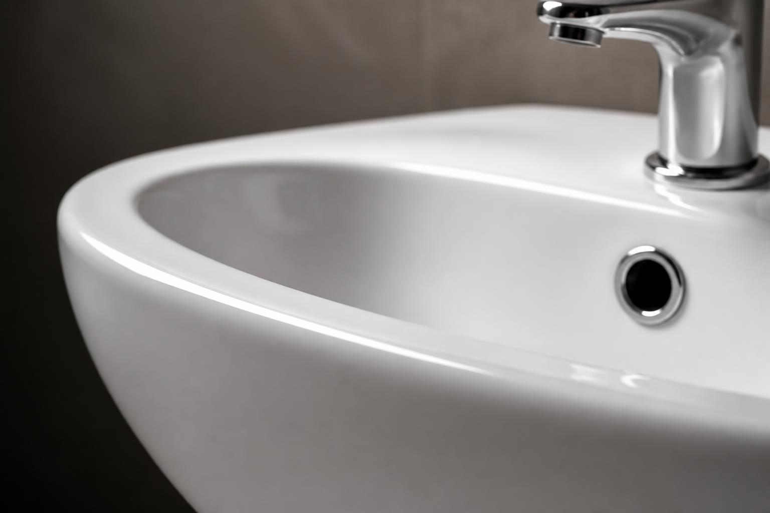 Close-up of a flawlessly restored white ceramic basin edge with chrome tap, showing a seamless repaired surface.