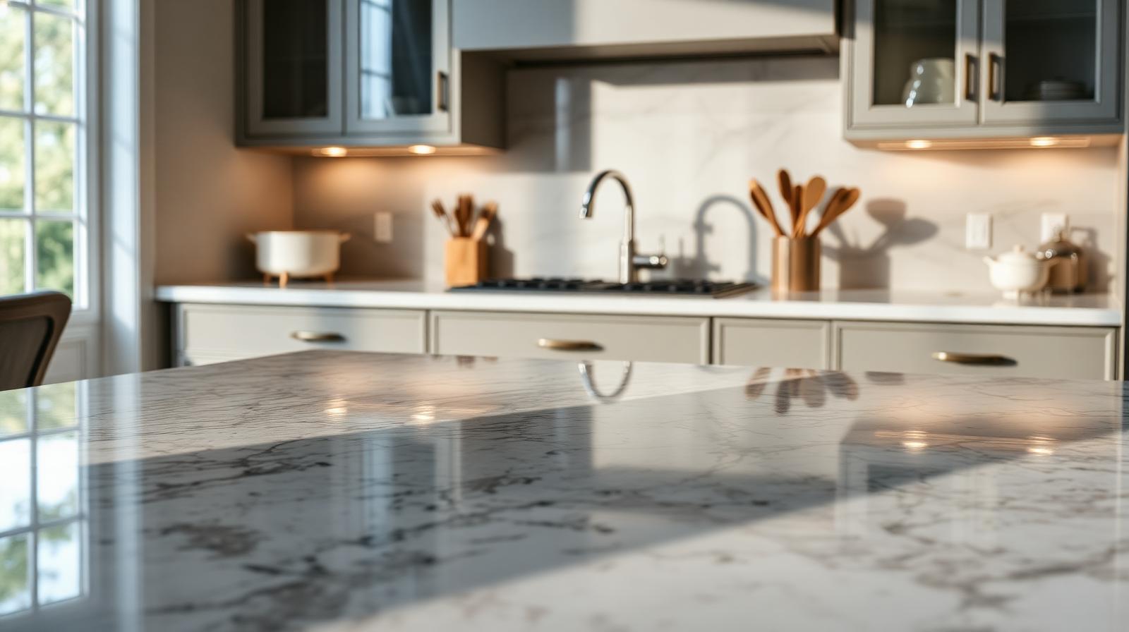 Polished granite kitchen worktop in a premium kitchen interior.