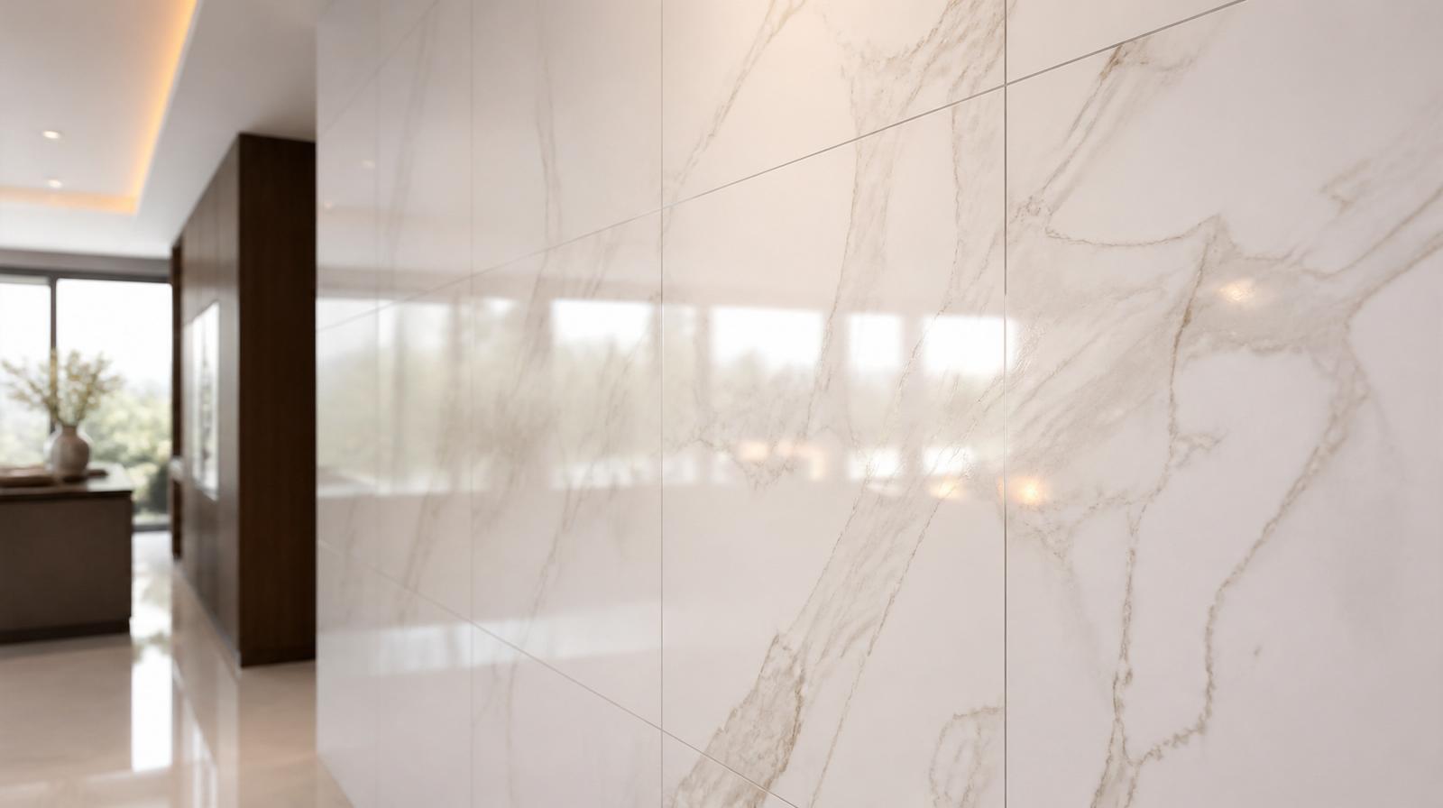 Large-format marble-effect ceramic wall tiles in a luxury interior.