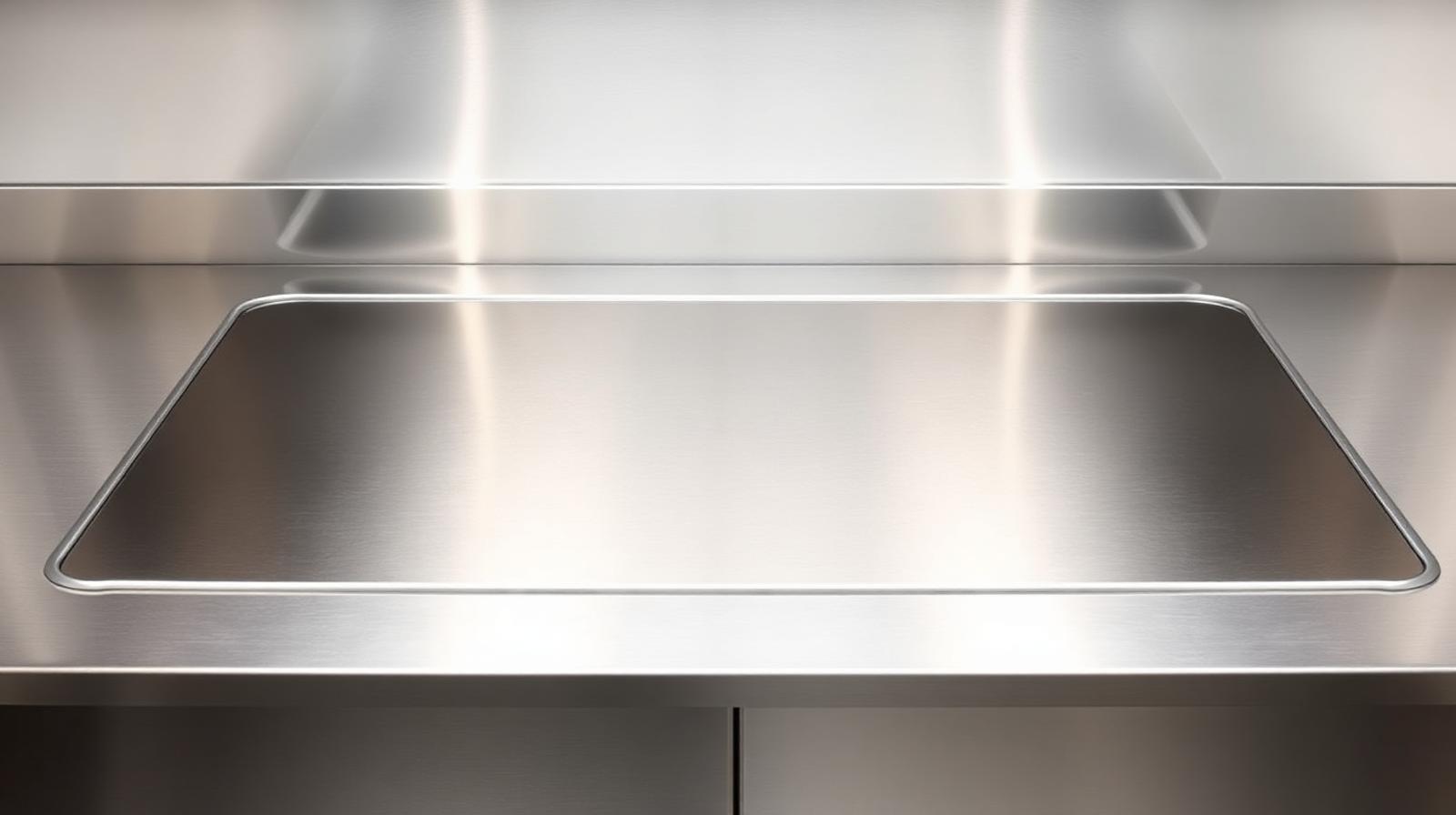 Highly polished stainless steel kitchen surface gleaming under soft light.
