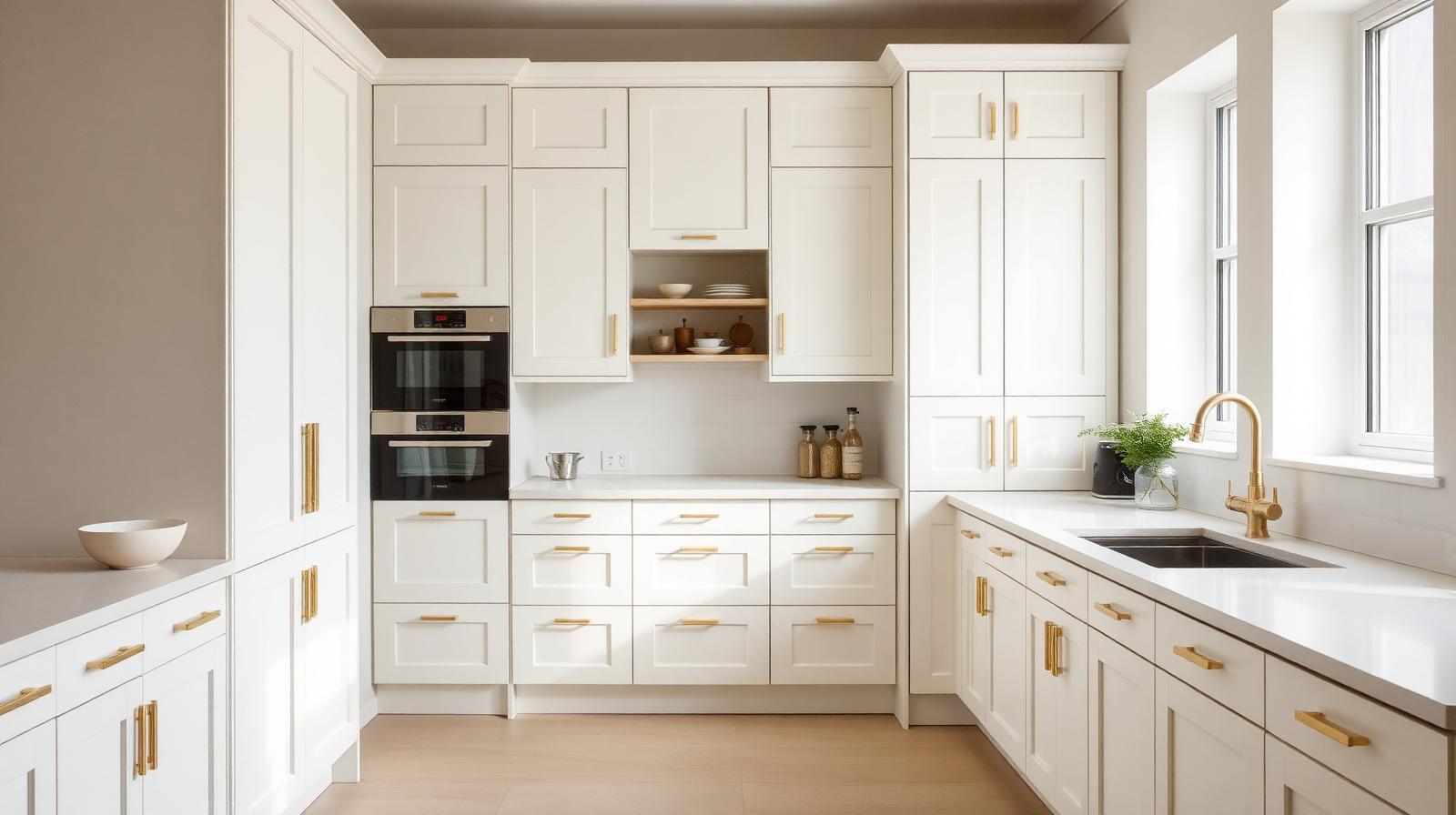 Modern shaker-style kitchen with white cabinetry and brass handles.