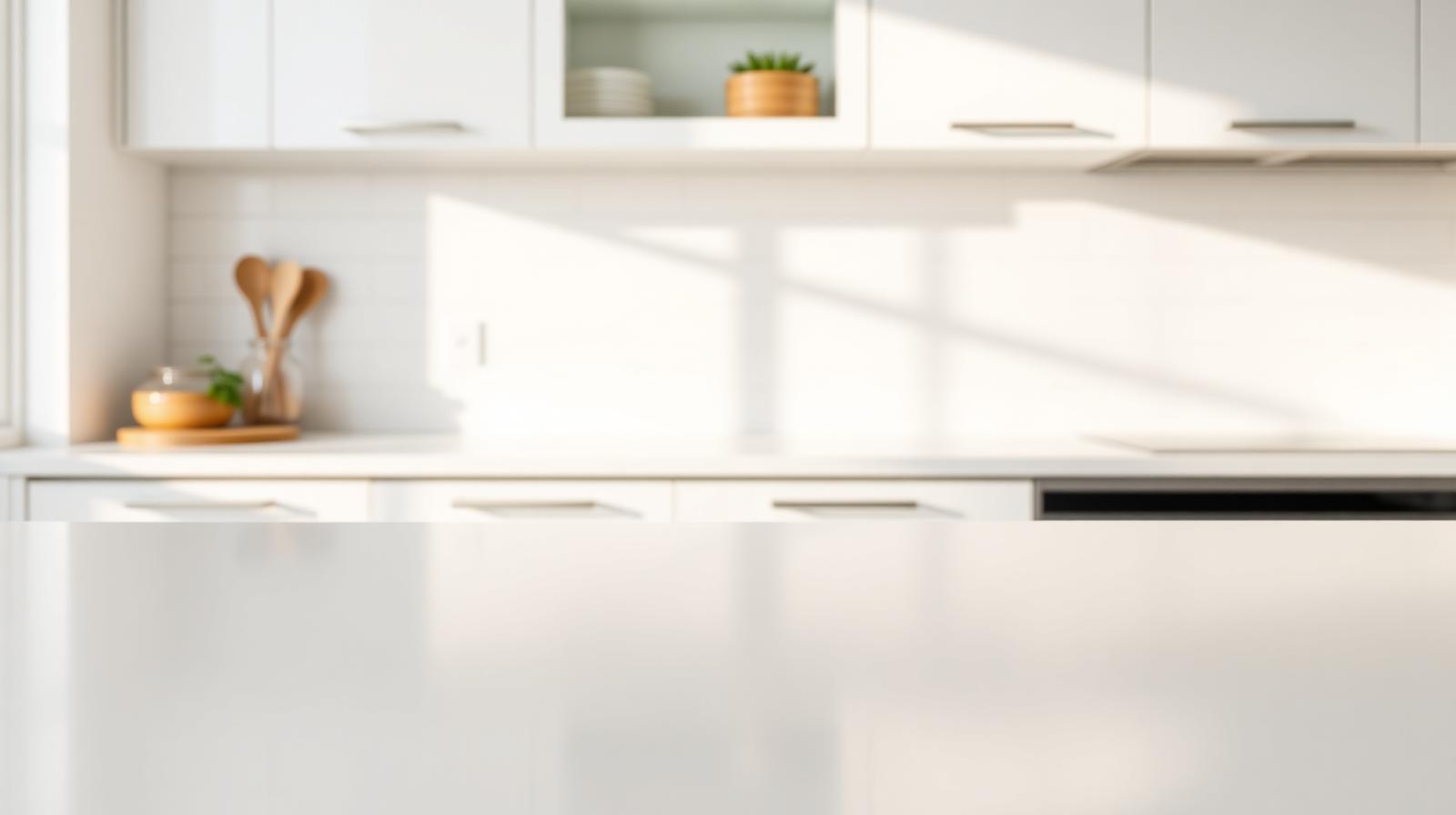 Flawless white laminate kitchen worktop in a bright contemporary kitchen.