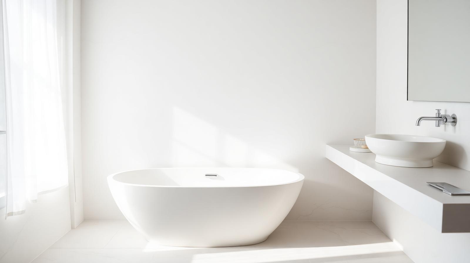 Pristine white bathtub and basin in a luxurious contemporary bathroom.