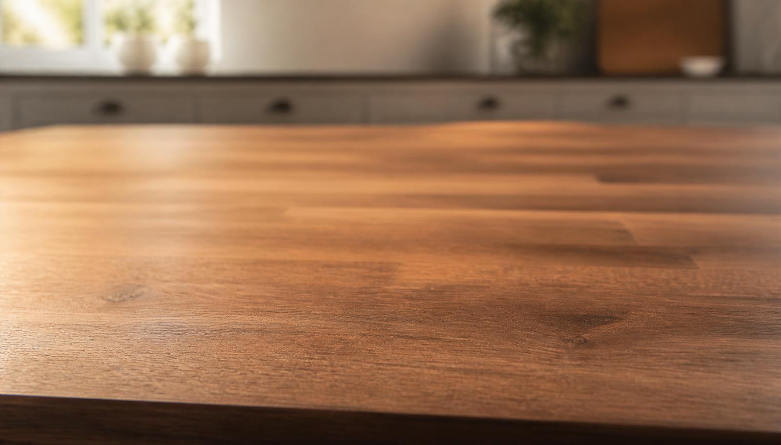Restored wooden kitchen worktop surface in warm natural light.